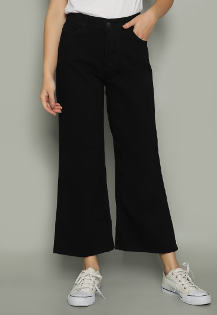 Nuber Clover Celana Boyfriend Highwaist Elastic Jeans Wanita Kulot Black 1